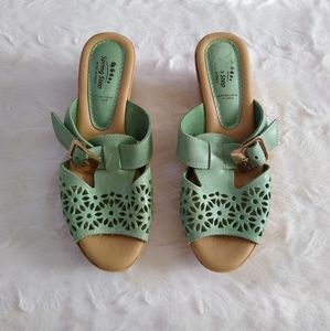 Spring Step Green Cut Out Leather Wedge Sandals